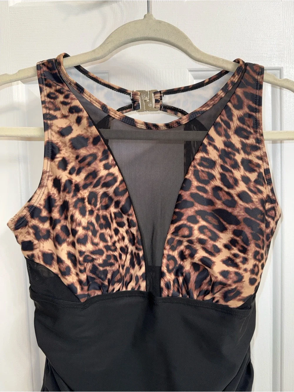 Leopard & Black Women’s One-Piece Swimsuit with Ruching, NEW
